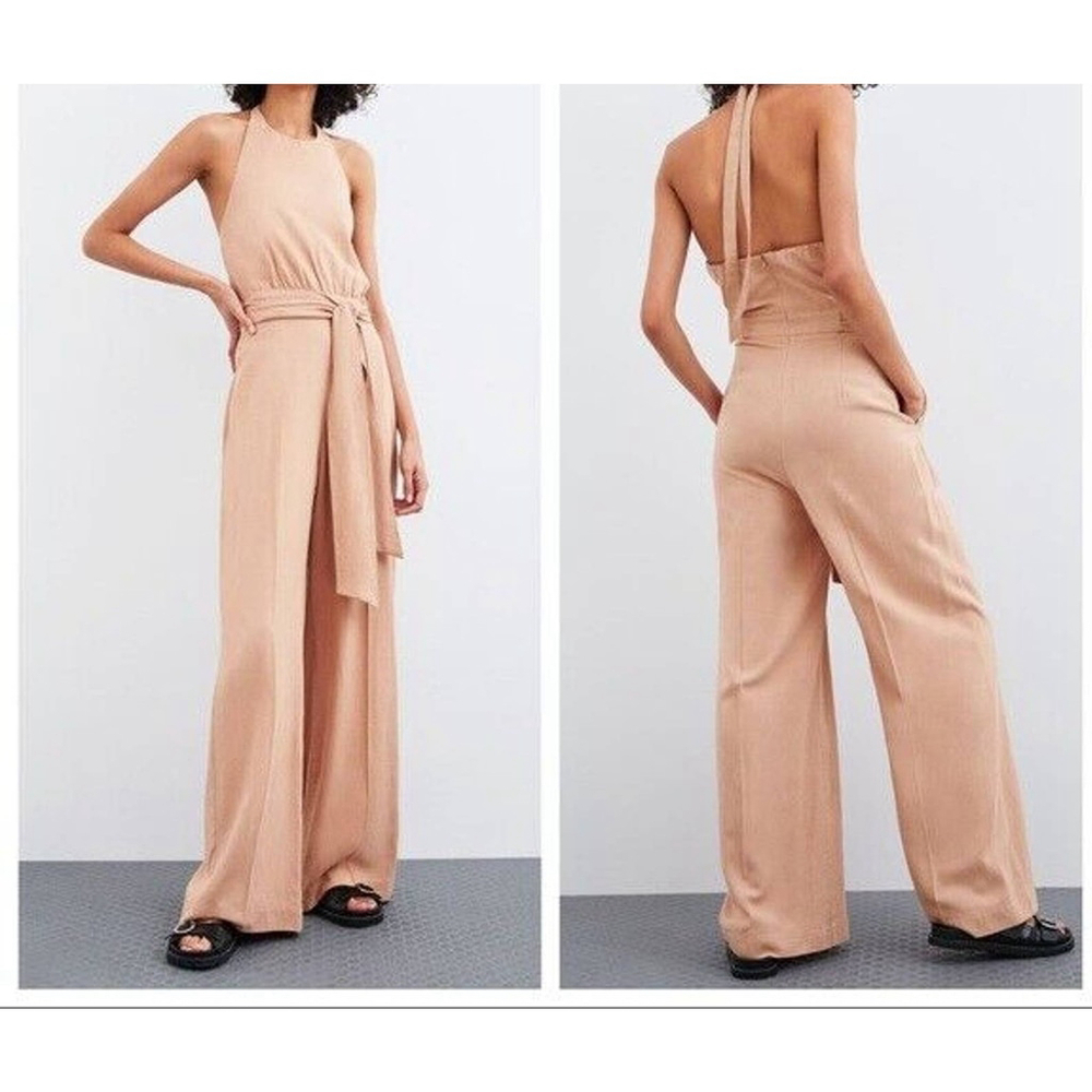 NWT Zara Dusty Pink Jumpsuit Halter Tie Belt Backless Wide Leg Size XS - Picture 2 of 8